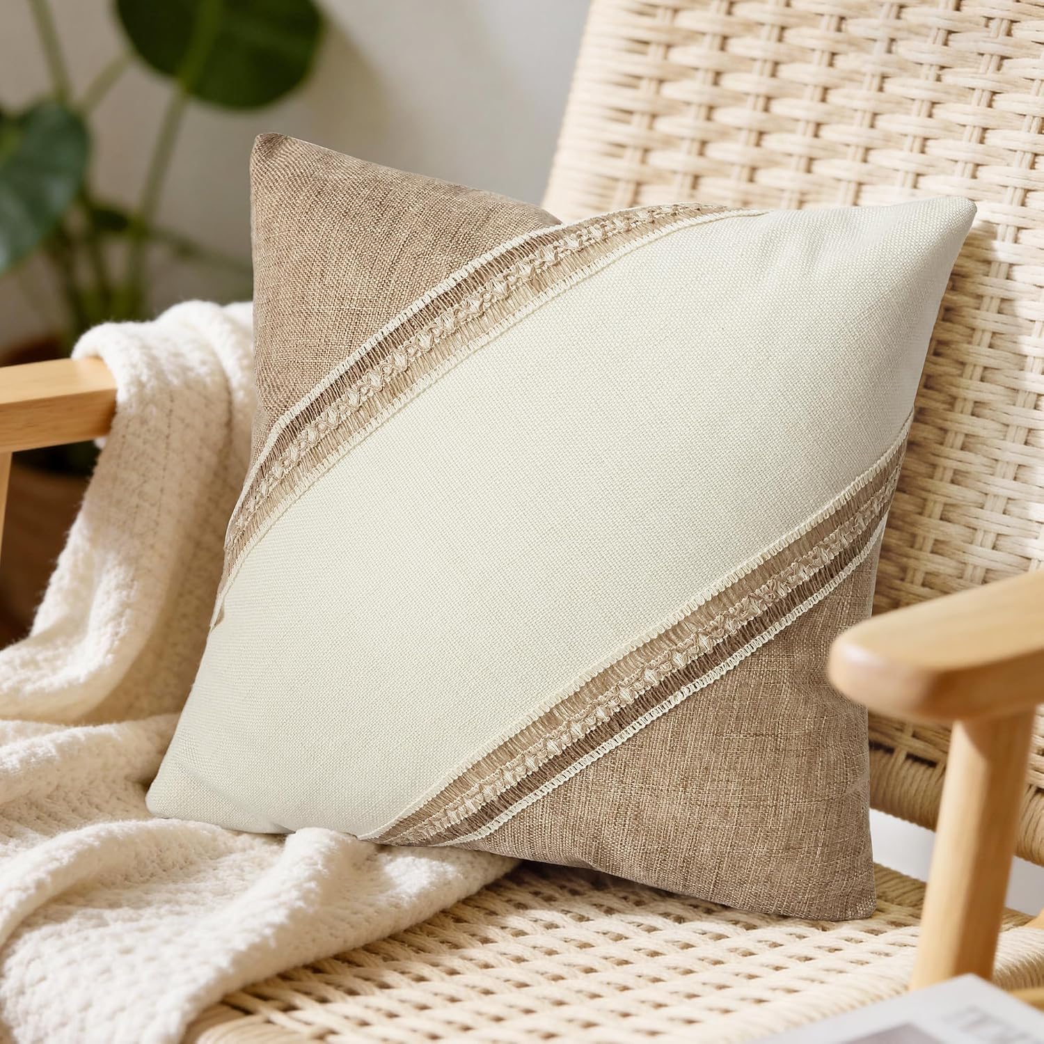 Boho Patchwork Linen Throw Pillow Covers / Diagonal Trim-khaki / 18 x 18 / Beige / Set of 2