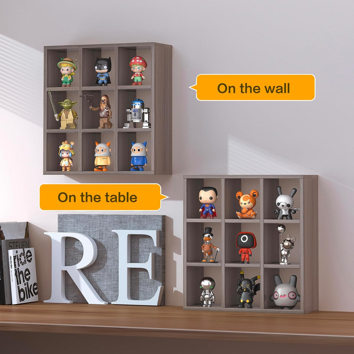Helsin 9 Grid Vintage Coffee Mug Display Rack, 16inch Wall Mounted Wooden Curio Shadow Box Shelf, Cup Floating Shelves