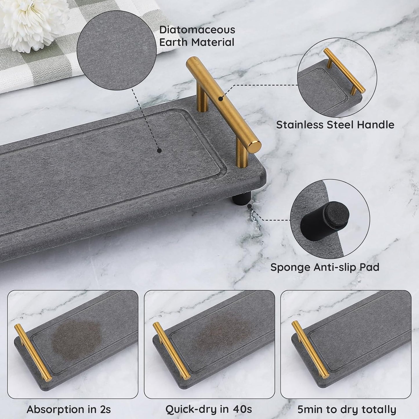 Water Absorbing Stone Drying Tray / Gray-gold / 12.2 x 3.9 x 2.5