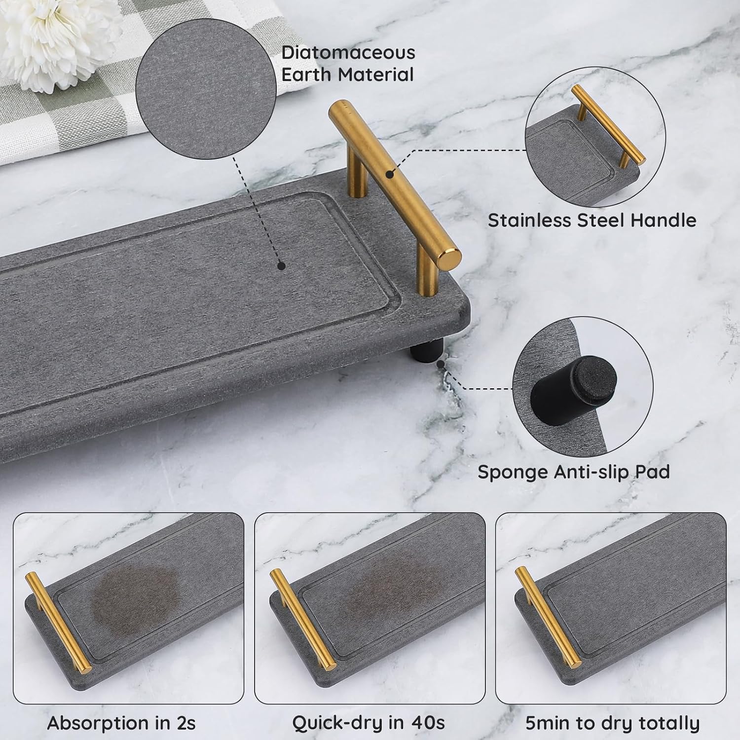 Water Absorbing Stone Drying Tray / Gray-gold / 12.2 x 3.9 x 2.5