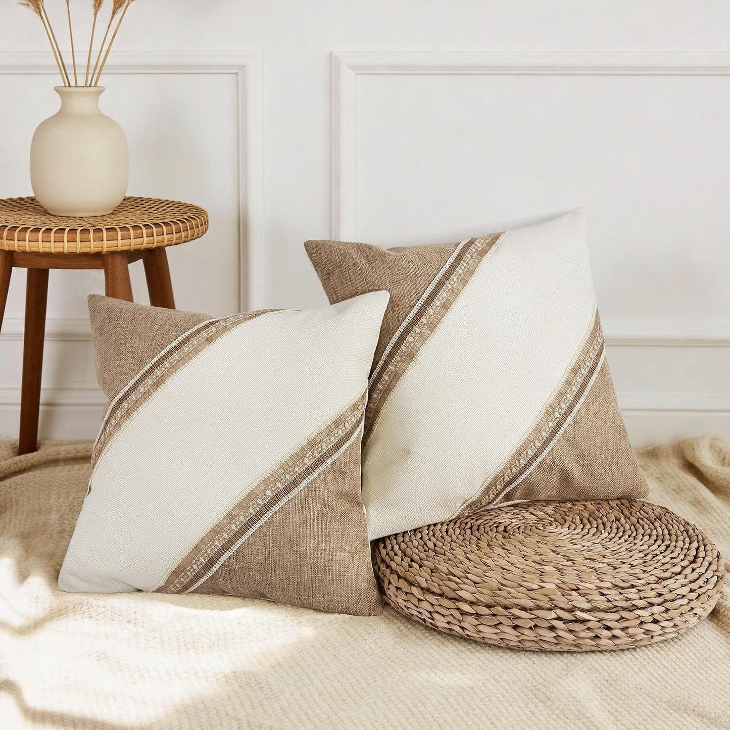 Boho Patchwork Linen Throw Pillow Covers / Diagonal Trim-khaki / 18 x 18 / Beige / Set of 2