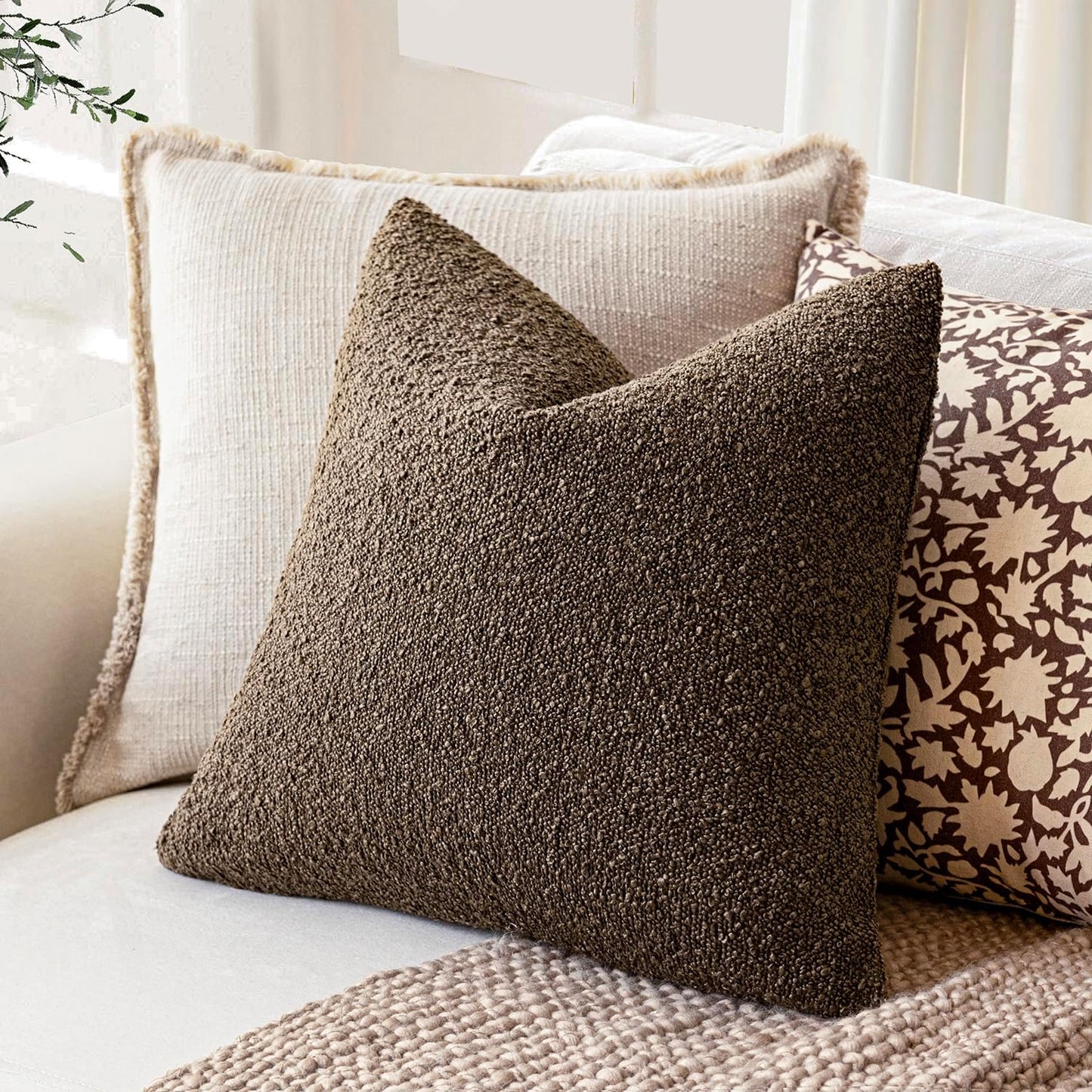 Textured Boucle Throw Pillow Covers Accent Solid Pillow Cases Soft / 18 x 18 / Brown / Set of 2