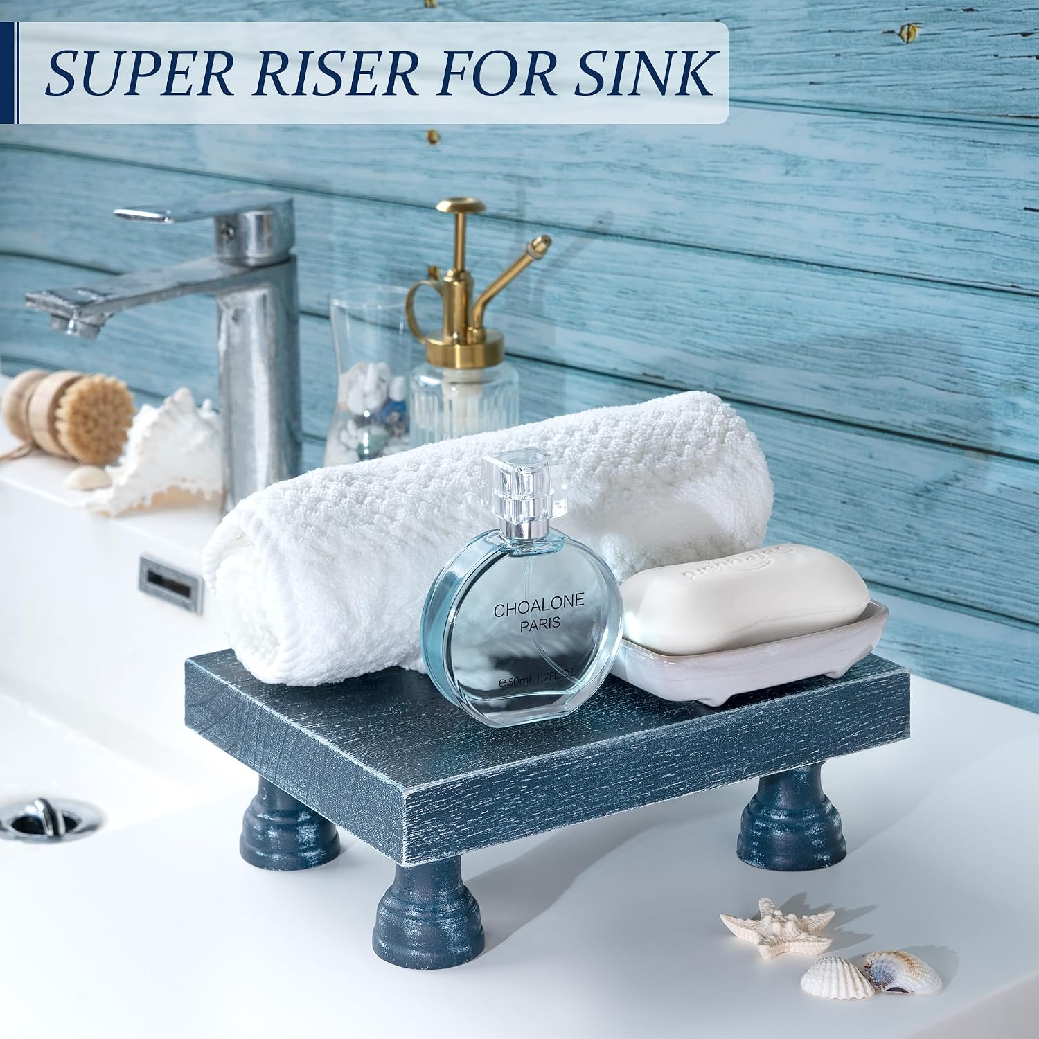 EOSAHR Square Wood Riser Display Stand for Dusty Blue Bathroom Decor, Blue | 8.5" Display Riser, Plant Stand, Perfume