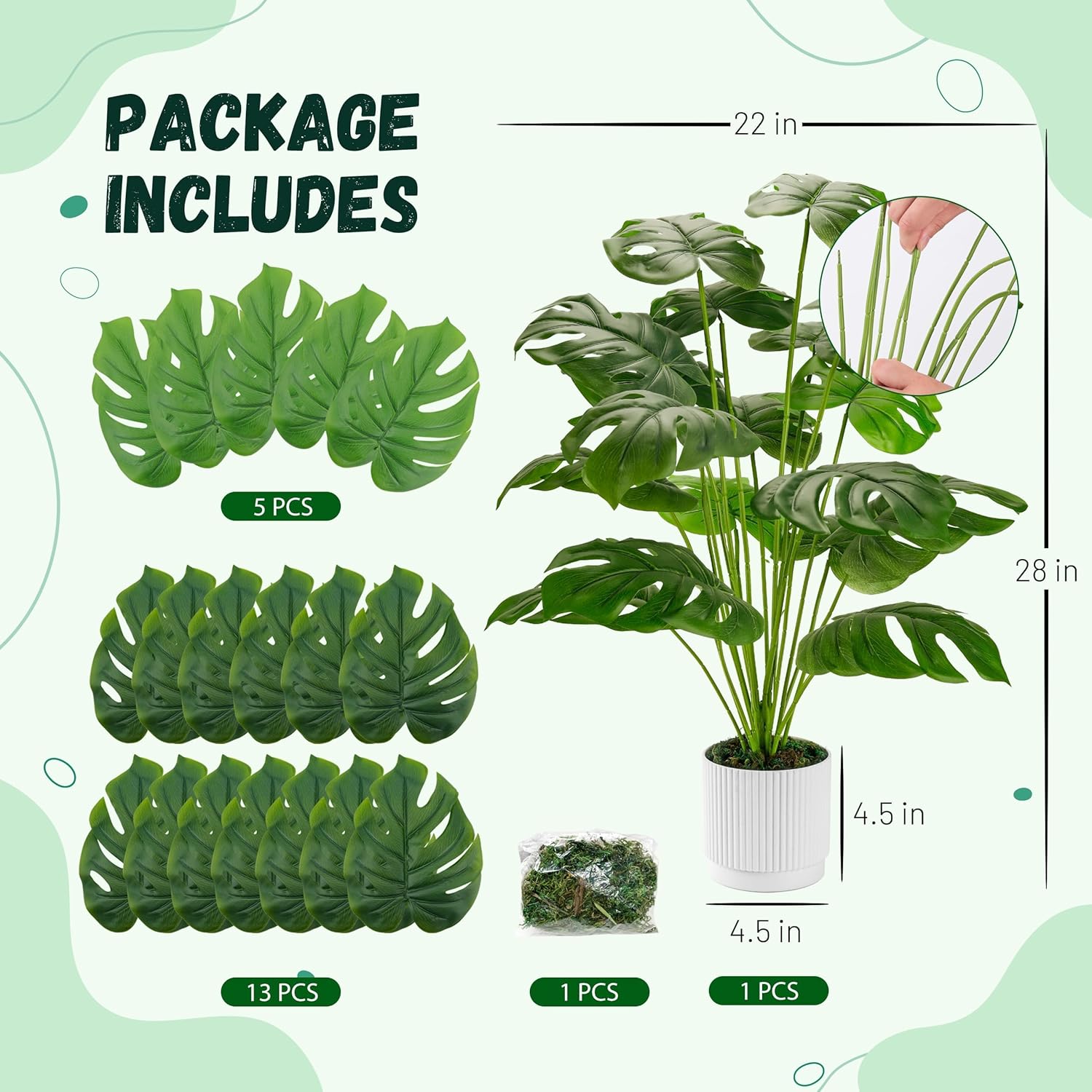 28" Fake Plants Large Artificial Monstera Faux Potted Plants Indoor Tall / 28"-WHITE