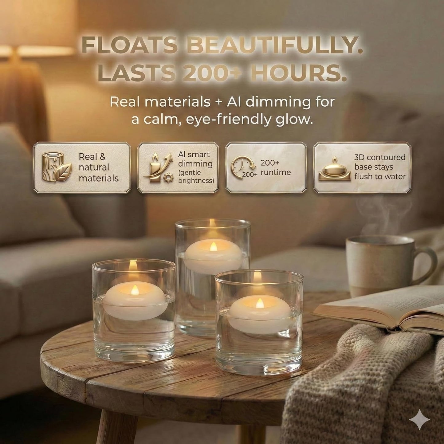 24 Pack Waterproof Flameless Floating Candles, 200-Hour Battery Operated 2.2" LED Tea Lights, Water-Activated