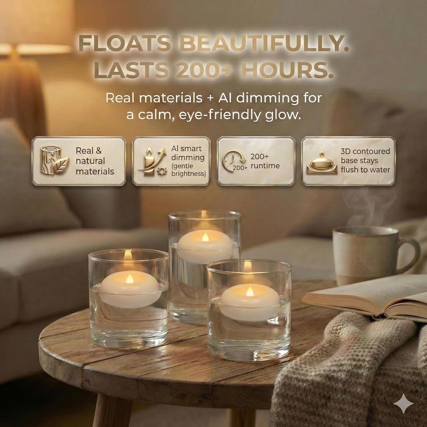 24 Pack Waterproof Flameless Floating Candles, 200-Hour Battery Operated 2.2" LED Tea Lights, Water-Activated