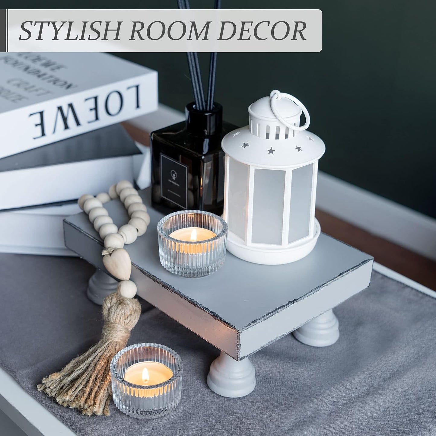 EOSAHR Wood Riser & Display Stand for Farmhouse Kitchen Storage, Gray | 8.5" Riser Stand, Kitchen Counter Accent, Soap