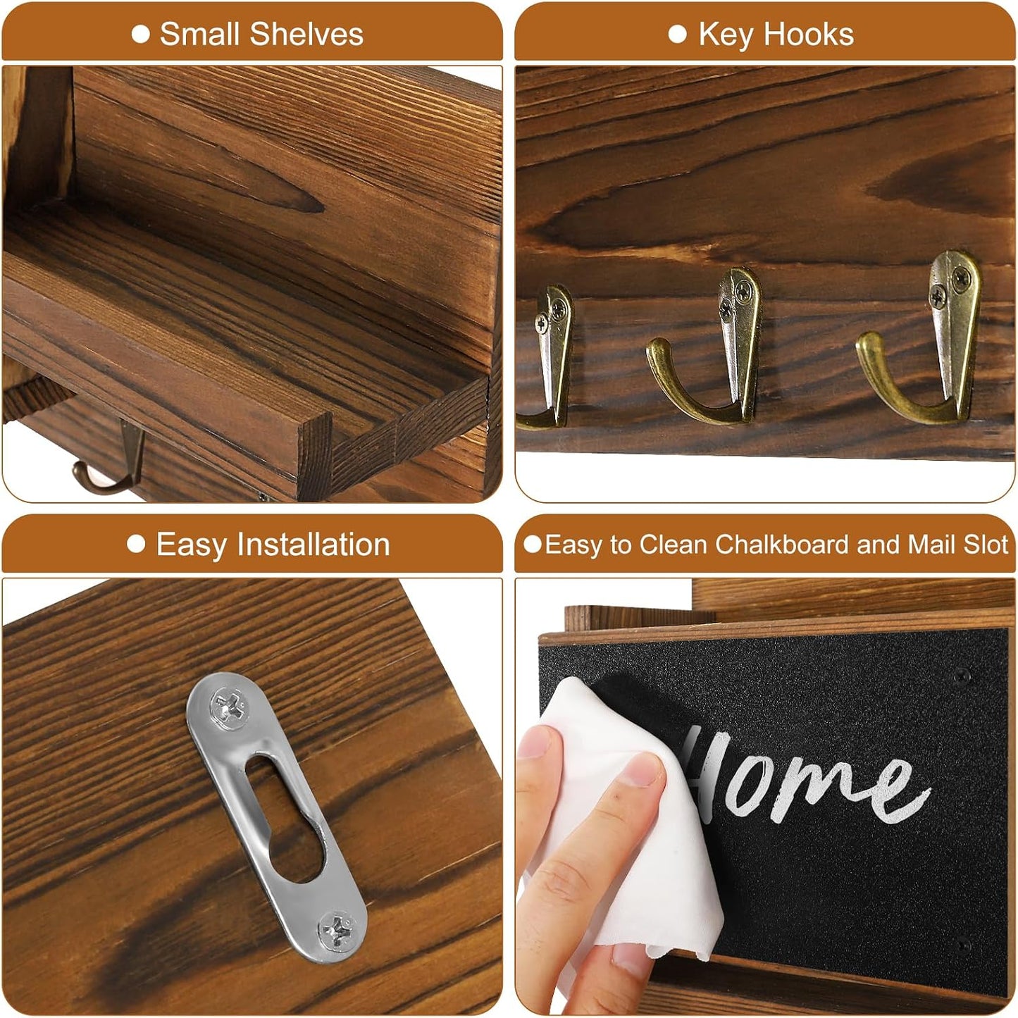 Easy Install Natural Wooden Key and Mail Holder / Brown