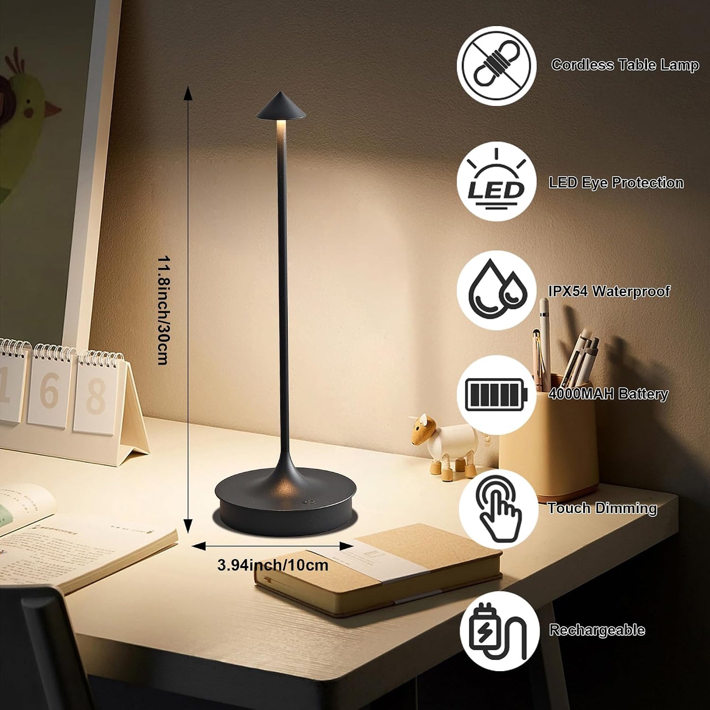 Cordless Table Lamps Rechargeable, Black 2PC | LED Desk Lamp 4000mAh Battery Operated Outdoor Waterproof Portable Touch
