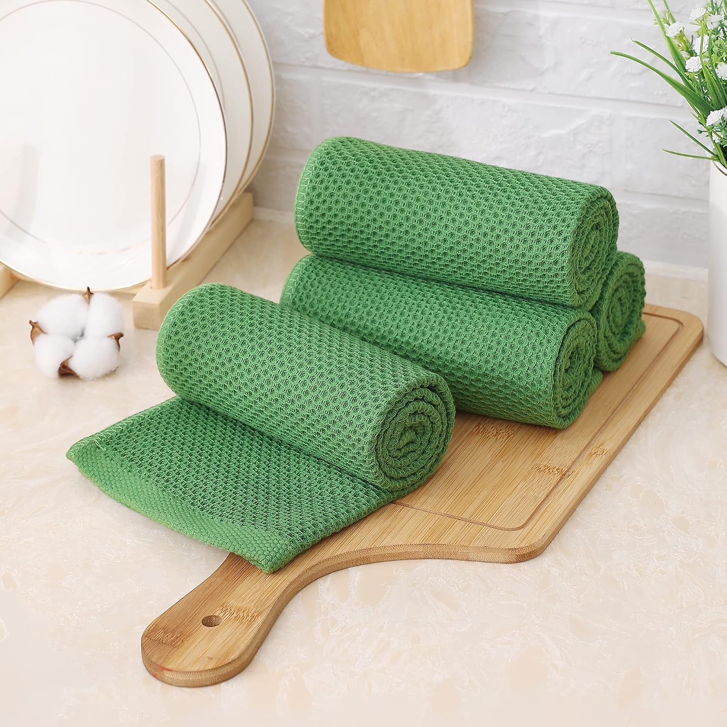 Kitinjoy 100% Cotton Waffle 6-Pack Kitchen Towels, 13" x 28", Grass Green | Super Soft, Ultra-Absorbent, Fast Drying