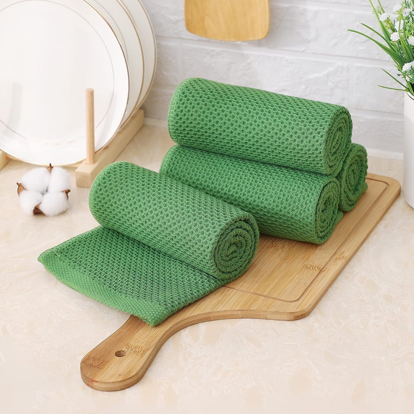 Kitinjoy 100% Cotton Waffle 8-Pack Kitchen Towels, 13" x 28", Grass Green | Super Soft, Ultra-Absorbent, Fast Drying
