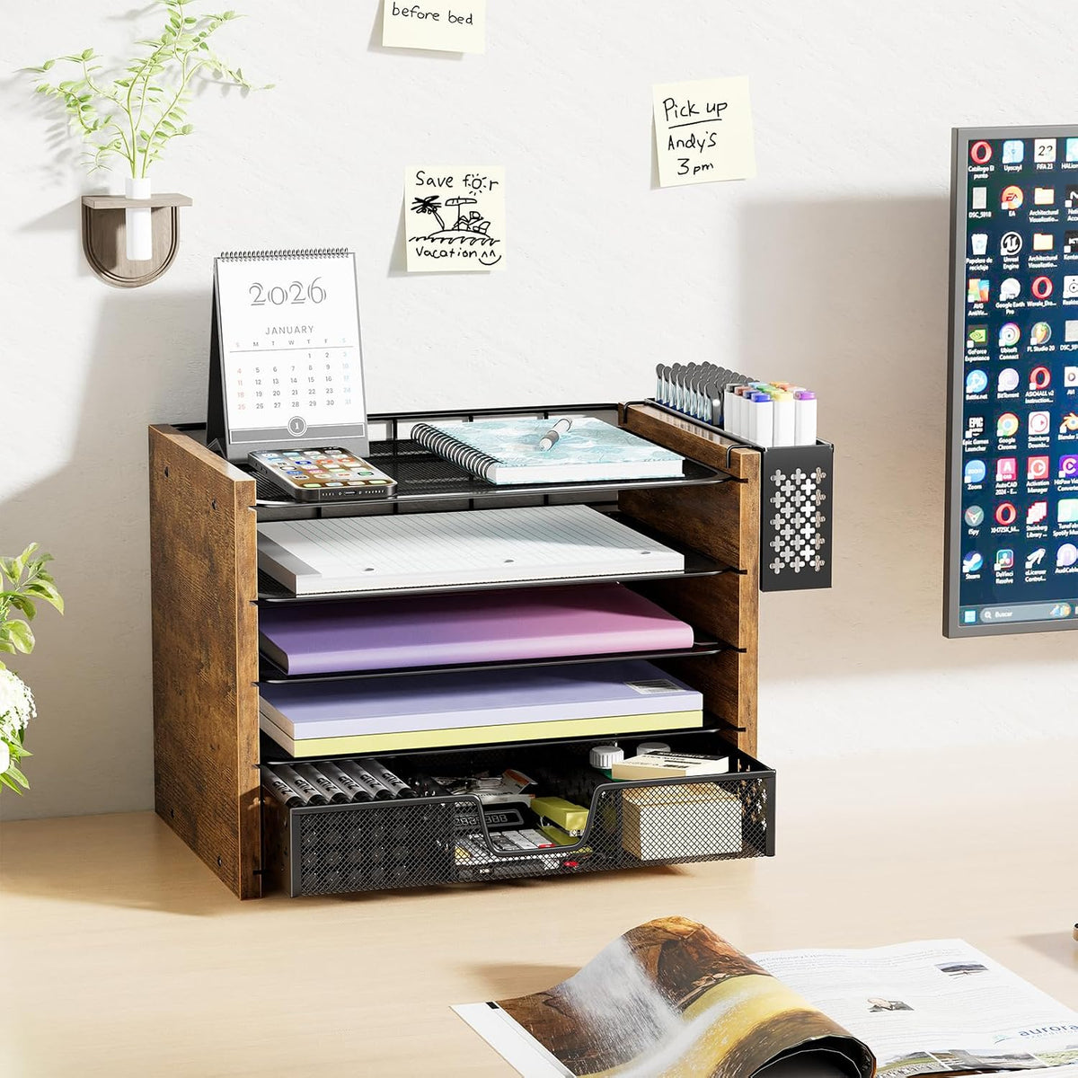 Simple Trending Wood Desk Organizer, 5-Tier File Organizer, Rustic Brown | Wooden Desk Organizers and Accessories with