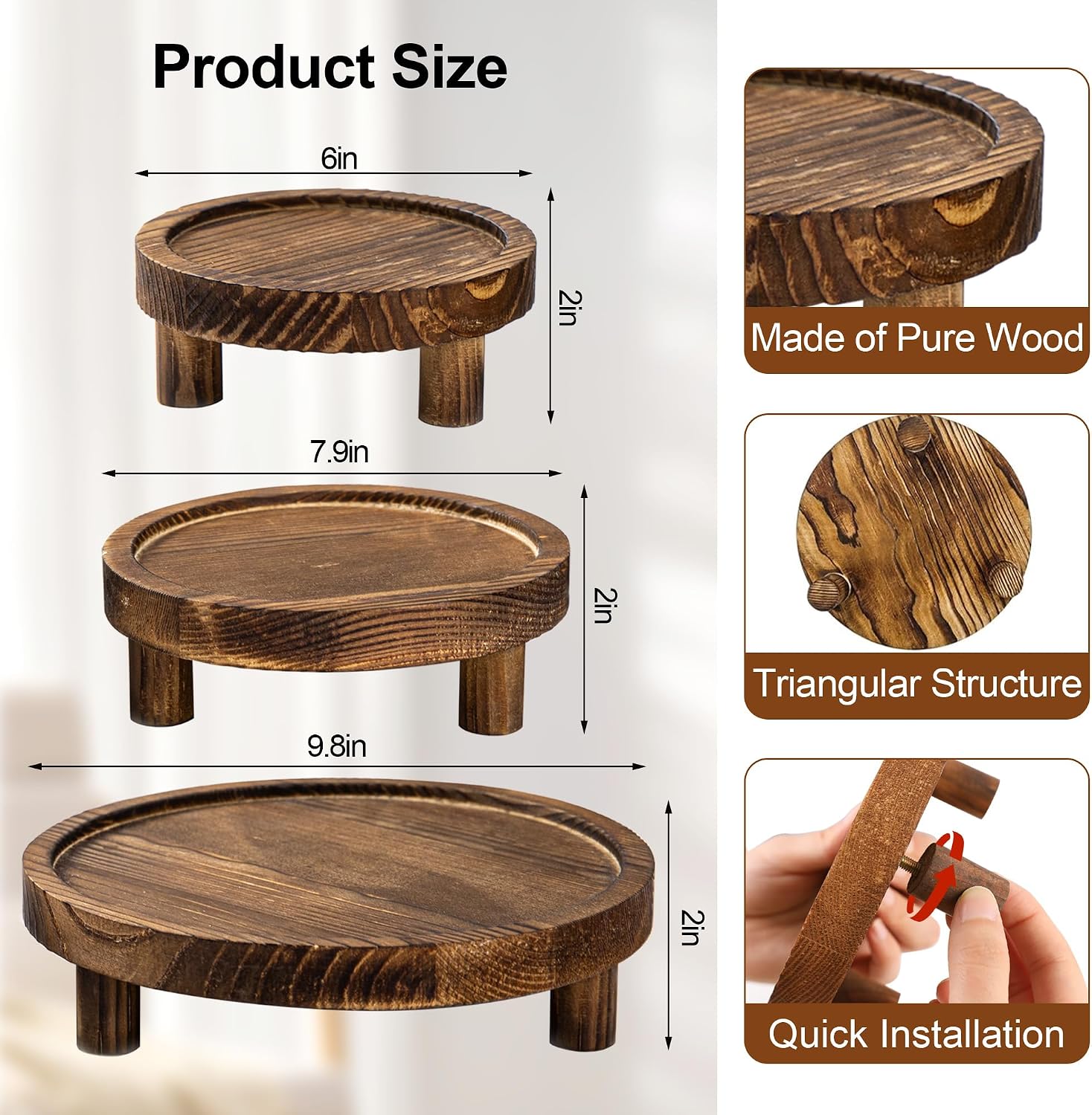 Wooden Display Risers Round Wood Pedestal Stand Mini Plant Tray Stand / Brown / 6 Inch / Set of 3