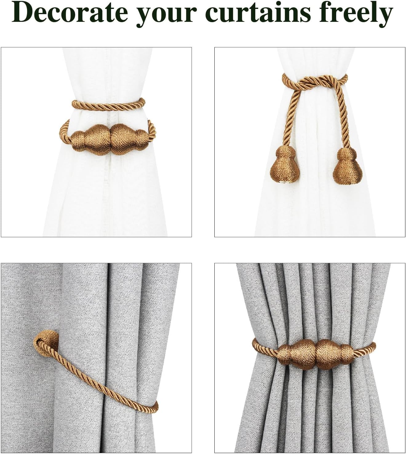 Magnetic Curtain Tiebacks Decorative Curtain Holders for Drapes Nieffeiy | 6 Pack Khaki Outdoor Tie Backs Rope Window