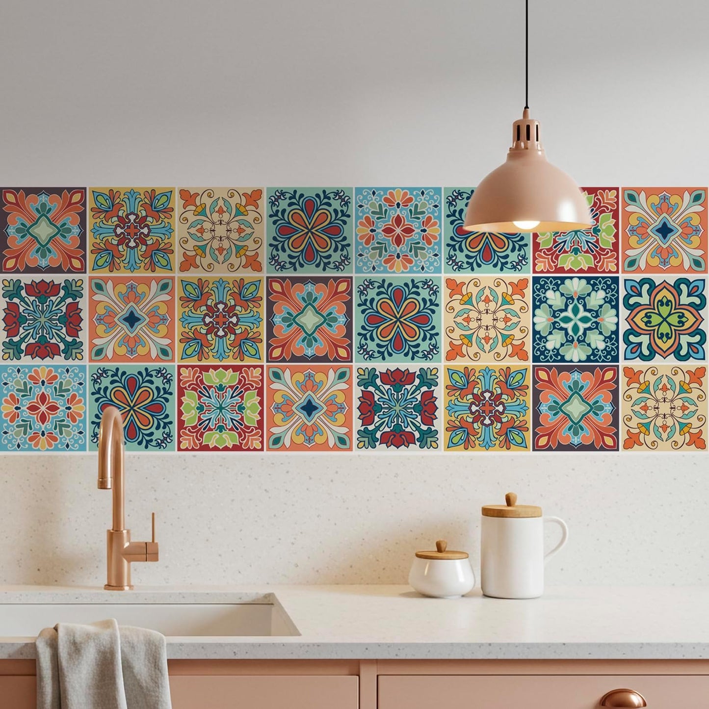 Colorful Bohemian Tile Stickers / 4 x 4 / Set of 30