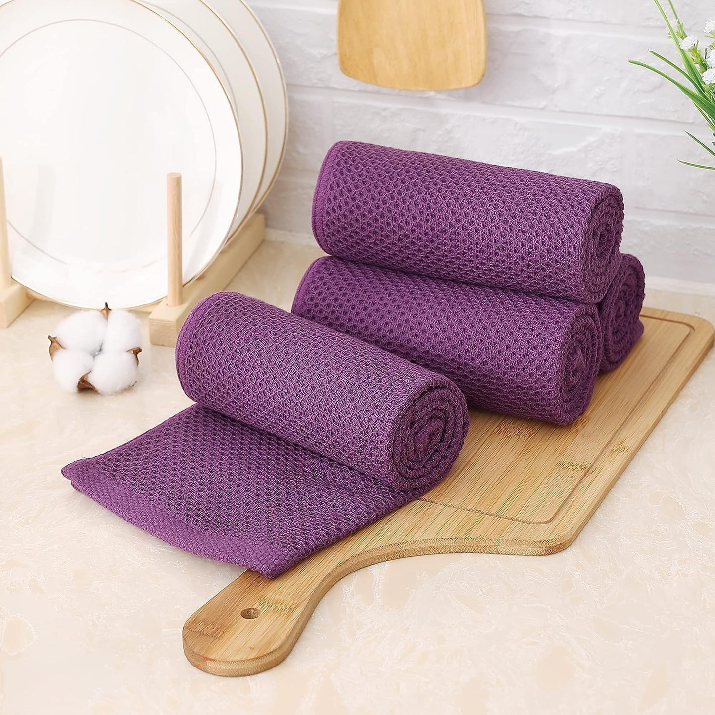 Kitinjoy 100% Cotton Waffle 8-Pack Kitchen Towels, 13" x 28", Violet | Super Soft, Ultra-Absorbent, Fast Drying