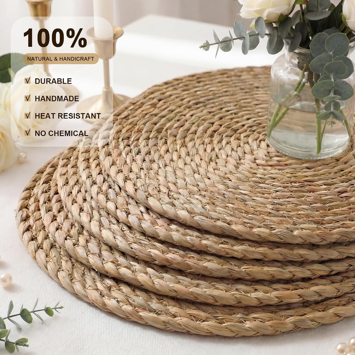 Round Woven Placemats 8PCS 13.5in Rattan Chargers Wicker Place mats | Woven Placemats Boho Farmhouse Rustic Wicker
