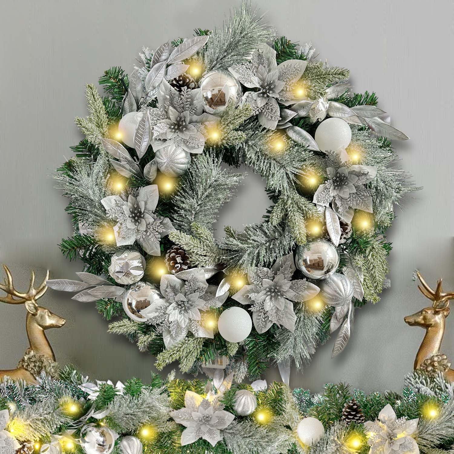 WANNA-CUL Pre-Lit 6ft Silver White Christmas Garland with 30 LED Lights | Frozen Winter Xmas Lighted Garland for Mantel