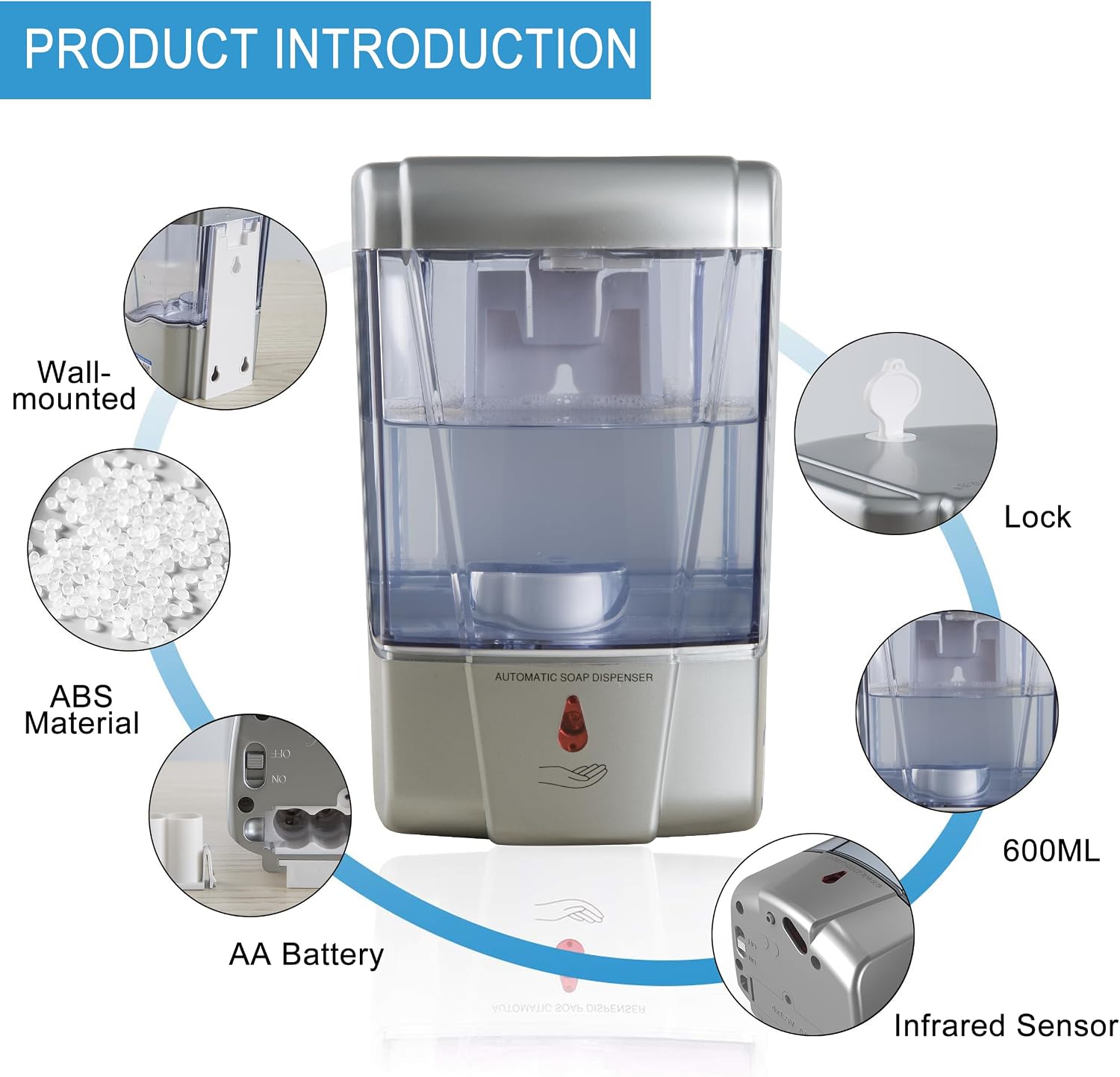 Soap Dispenser Wall Mount Commercial 2 Set Silver Automatic Hand Wash Dispensers 20OZ Suitable Liquid Sanitizer