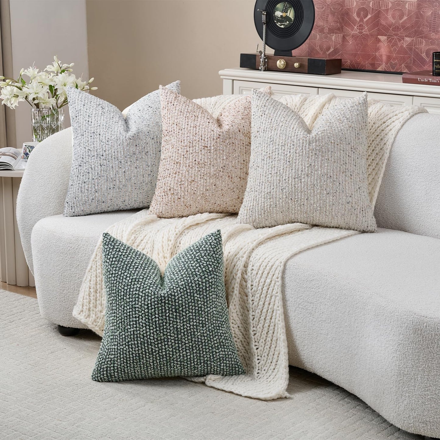 Striped Throw Pillow Covers Cream Grey Textured Boucle Chic / Grey & Cream / 18 x 18 / Set of 2