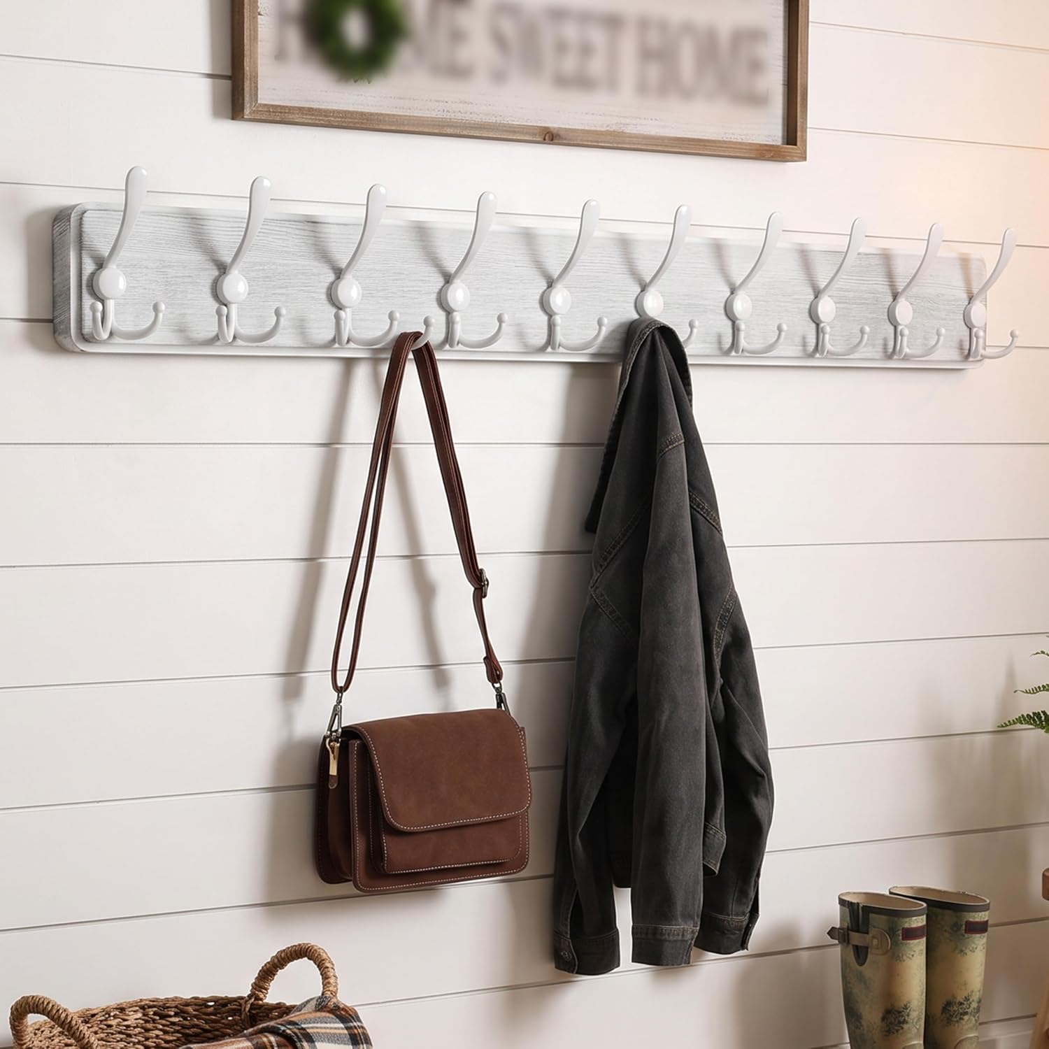 WEBI Coat Rack Wall Mount White,38 9/16" Long Coat Hooks Wall Mounted,Large Wall Coat Hanger,10 Tri Hooks for Hanging