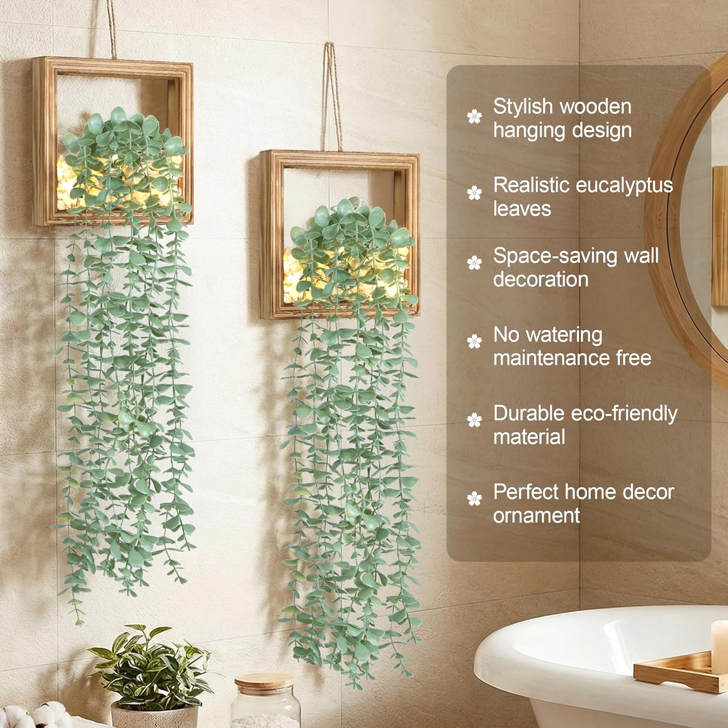 Artificial Eucalyptus Vines in Square Wooden Frame / 7.8" White / Set of 2
