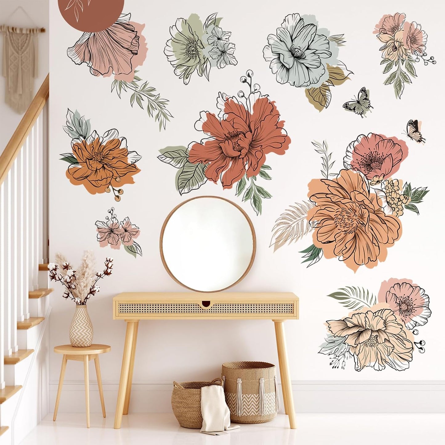 Boho Vintage Large Flower Wall Decals Bohemian Retro Floral Sun Butterfly Wall Stickers Living / C