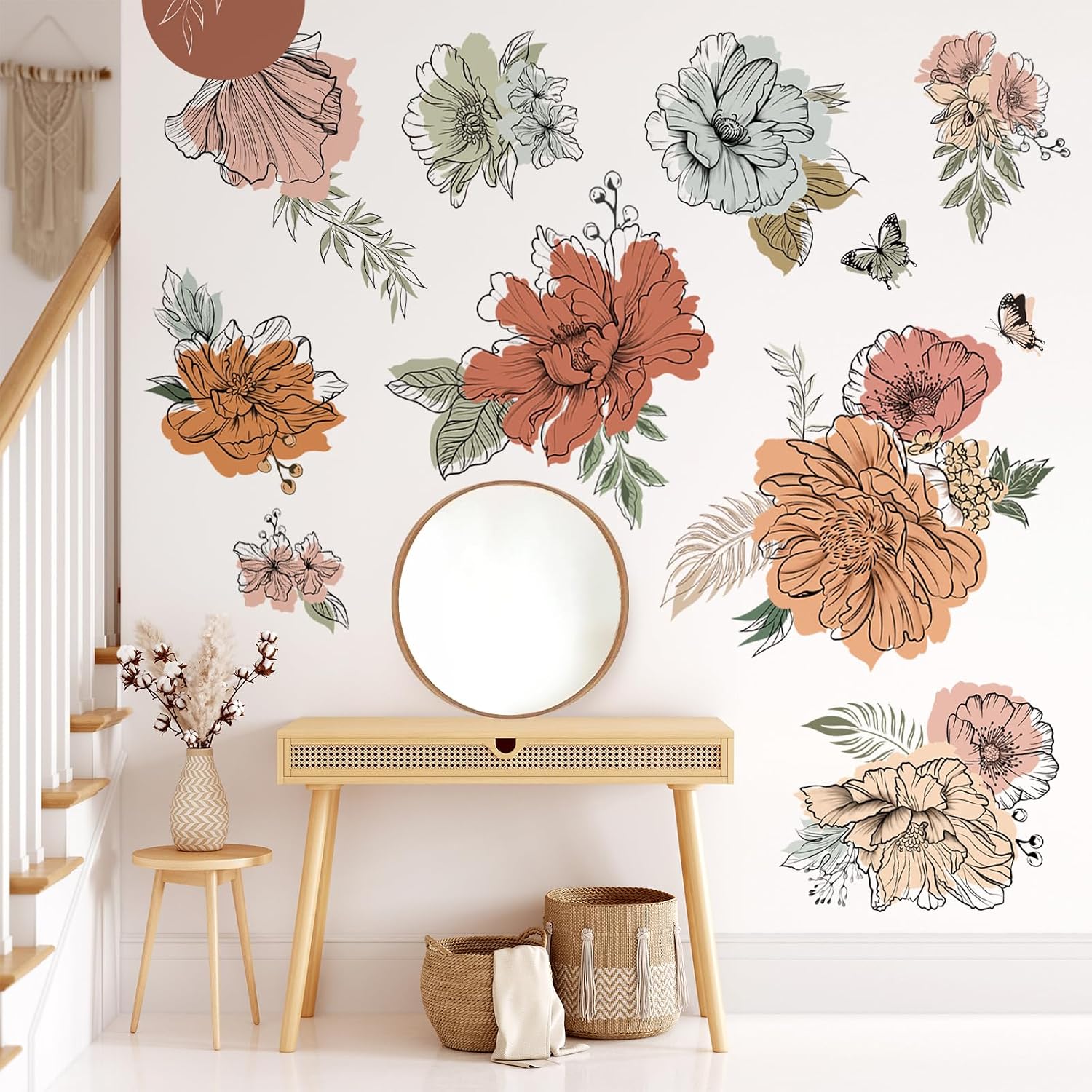 Boho Vintage Large Flower Wall Decals Bohemian Retro Floral Sun Butterfly Wall Stickers Living / C