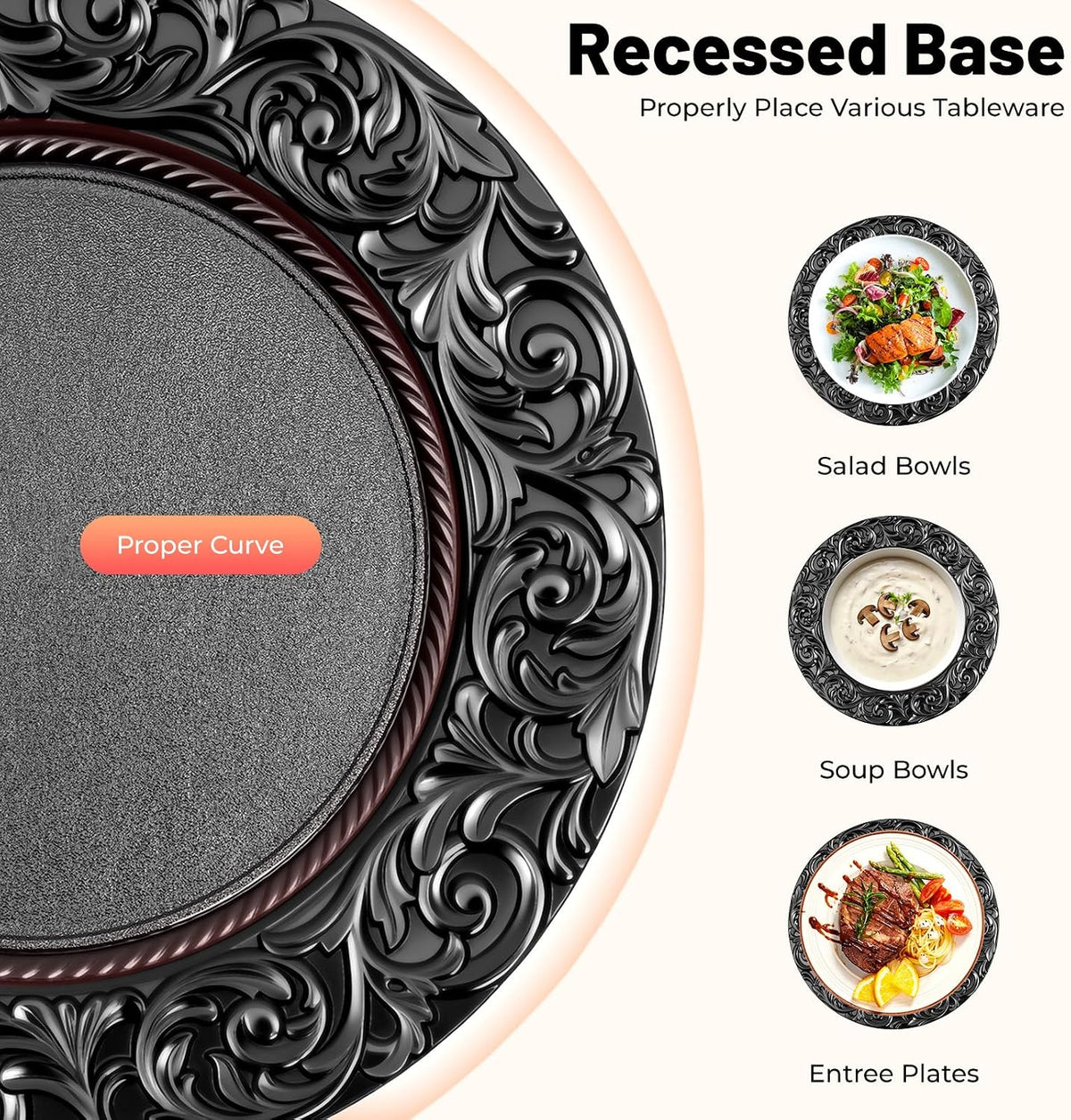 Black Charger Plates Bulk 100 Pack 13 Inch Charger Plates | Plastic Embossed Dinner Plates Reusable Round Plates for