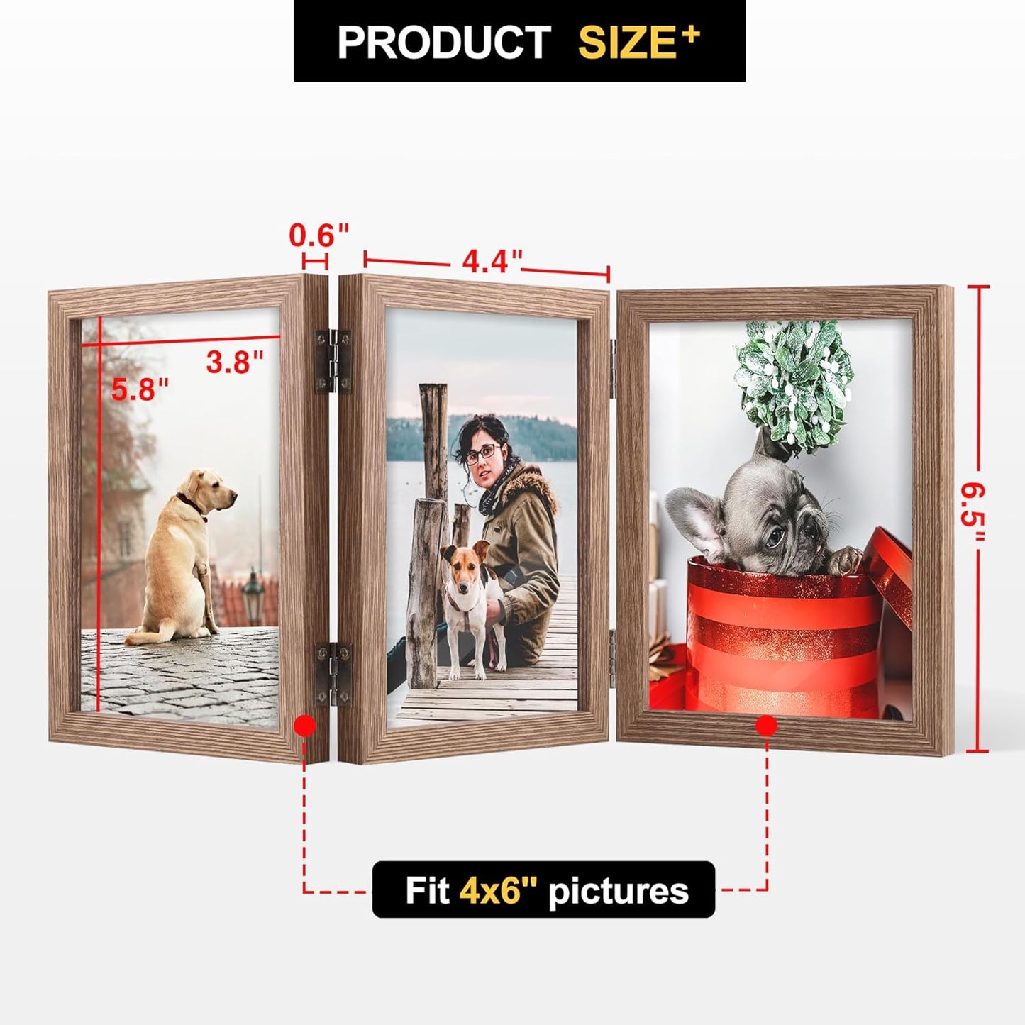 3 Picture Frame Triple Wooden Three Hinged Photo Frame Definition Glass Stand / Grain / 4 x 6