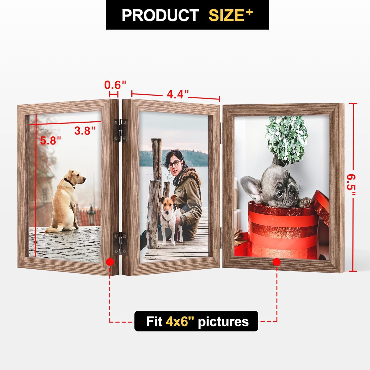 3 Picture Frame Triple Wooden Three Hinged Photo Frame Definition Glass Stand / Grain / 4 x 6
