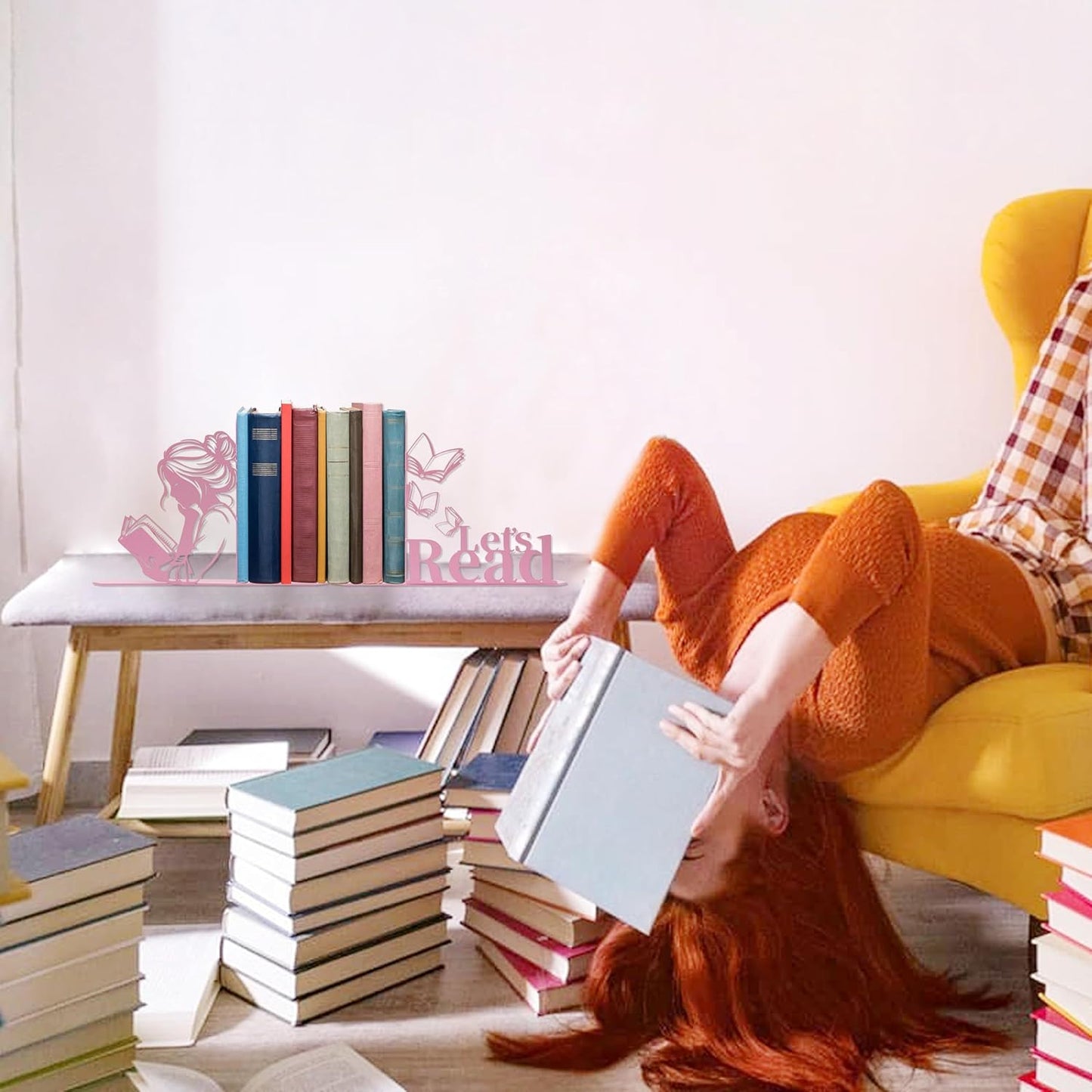 Metal Girl Reading Book Bookends / Pink