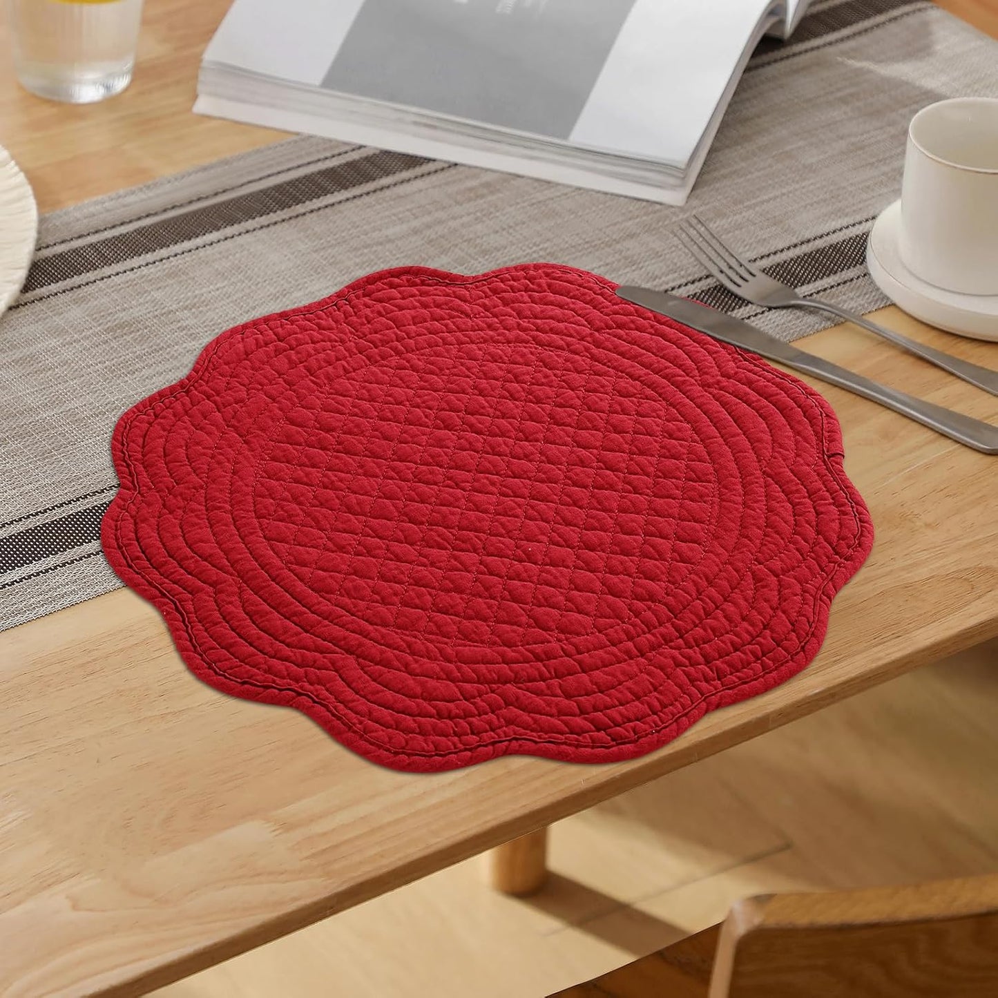 HOMBYS Quilted Placemats Set of 6 Washable Round Placemats for Kitchen Table-100% Cotton Fabric 14 Inch Round Table