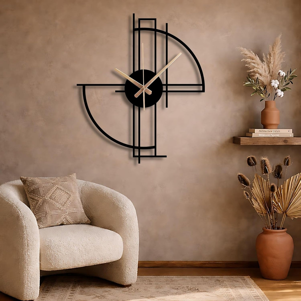 Modern Geometric Metal Wall Clock, Minimalist Black Steel Design, Silent Non-Ticking Mechanism, Unique Contemporary