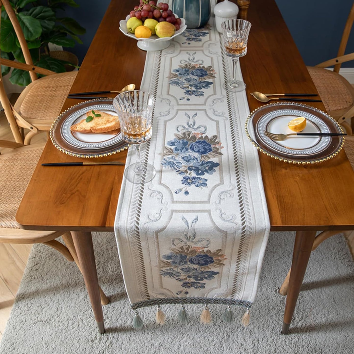 Embroidery Luxury Table Runner, Long White Dining Table Runner, Elegant Jacquard Dresser Scarf with Multi-Tassels for