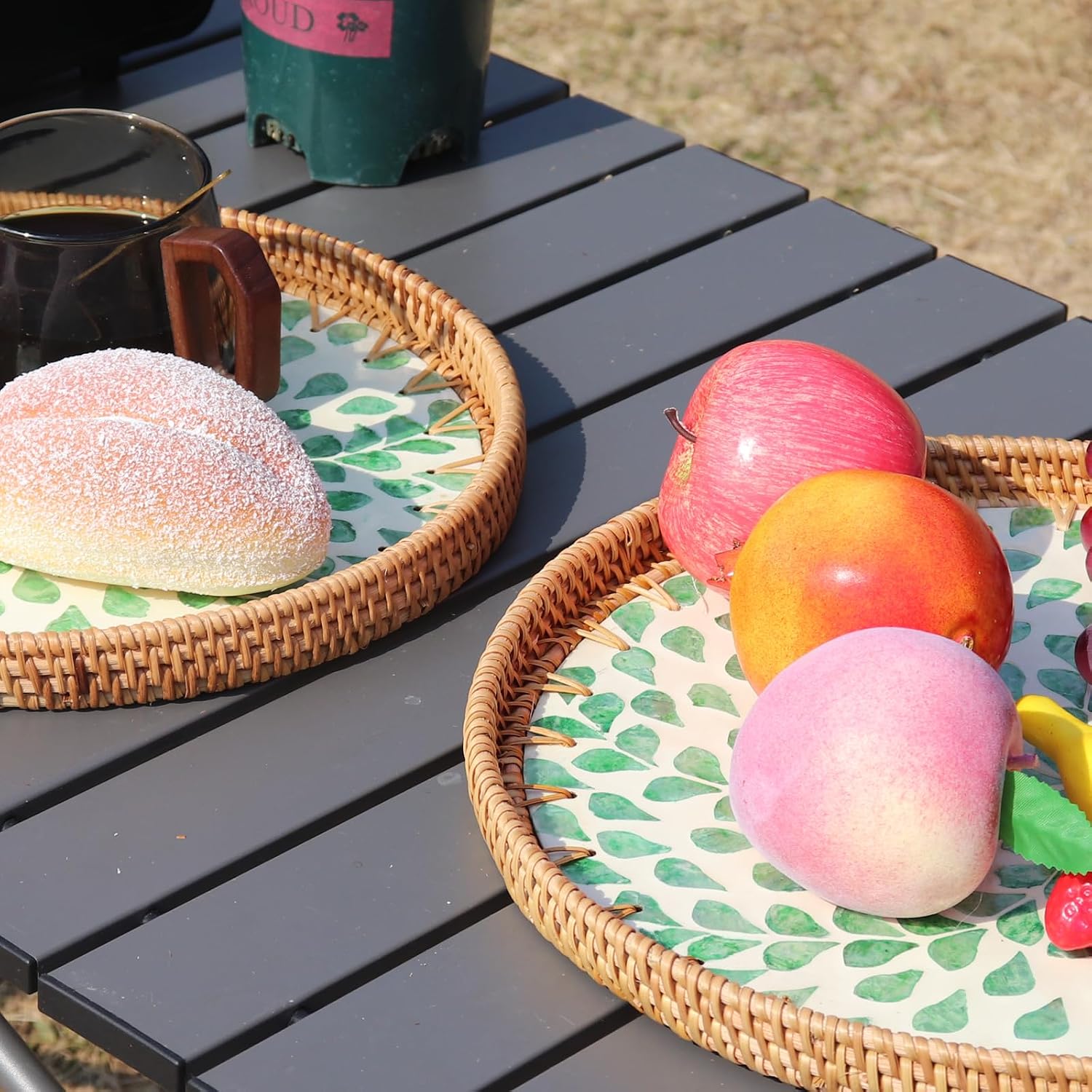 Rattan Mother of Pearl Inlay Serving Tray / Leaf Spring / Set of 2