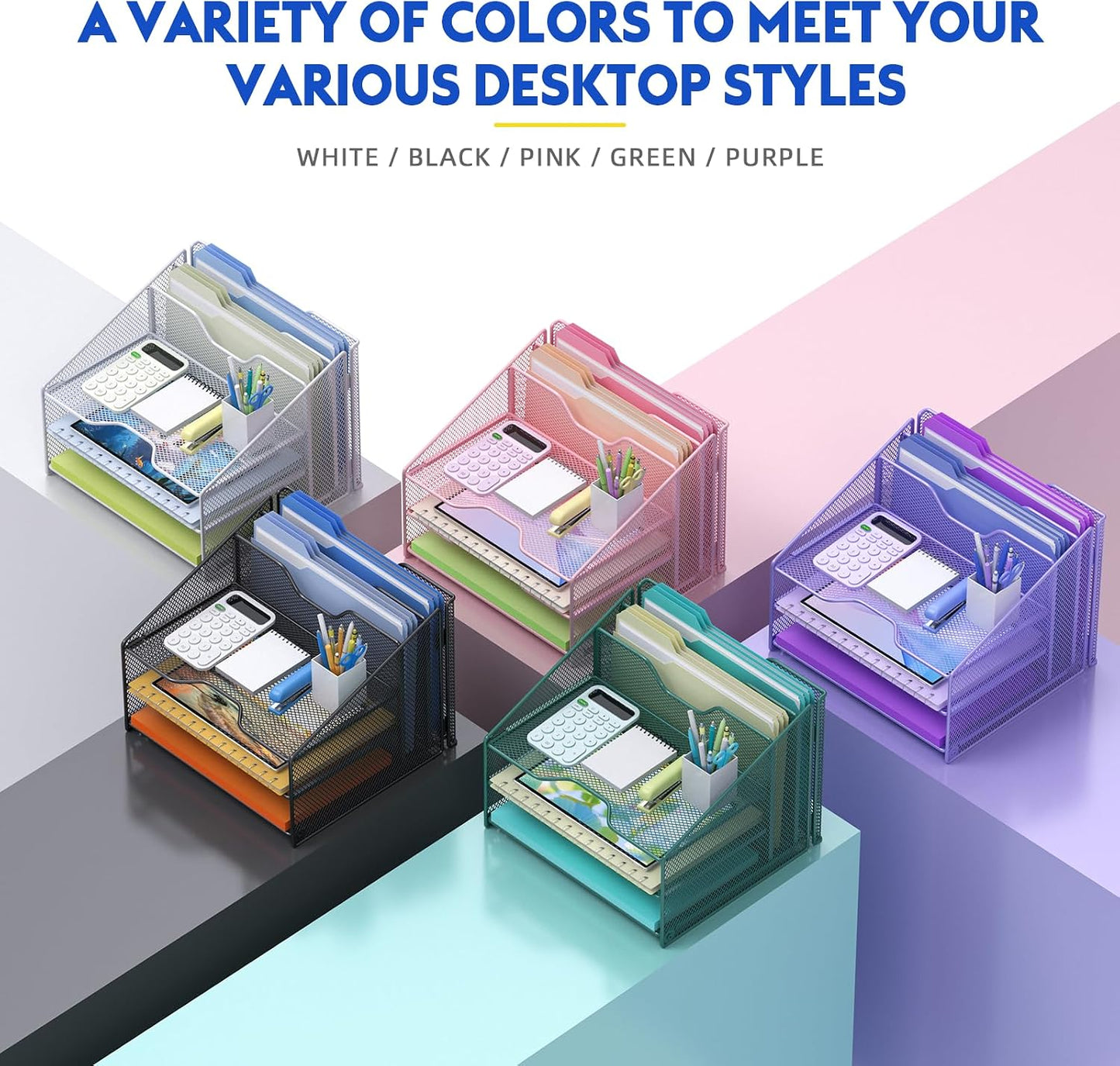Samstar White Desk File Organizer, Mesh Letter File Folder Holder with 3 Paper Trays and 2 Vertical Upright Section