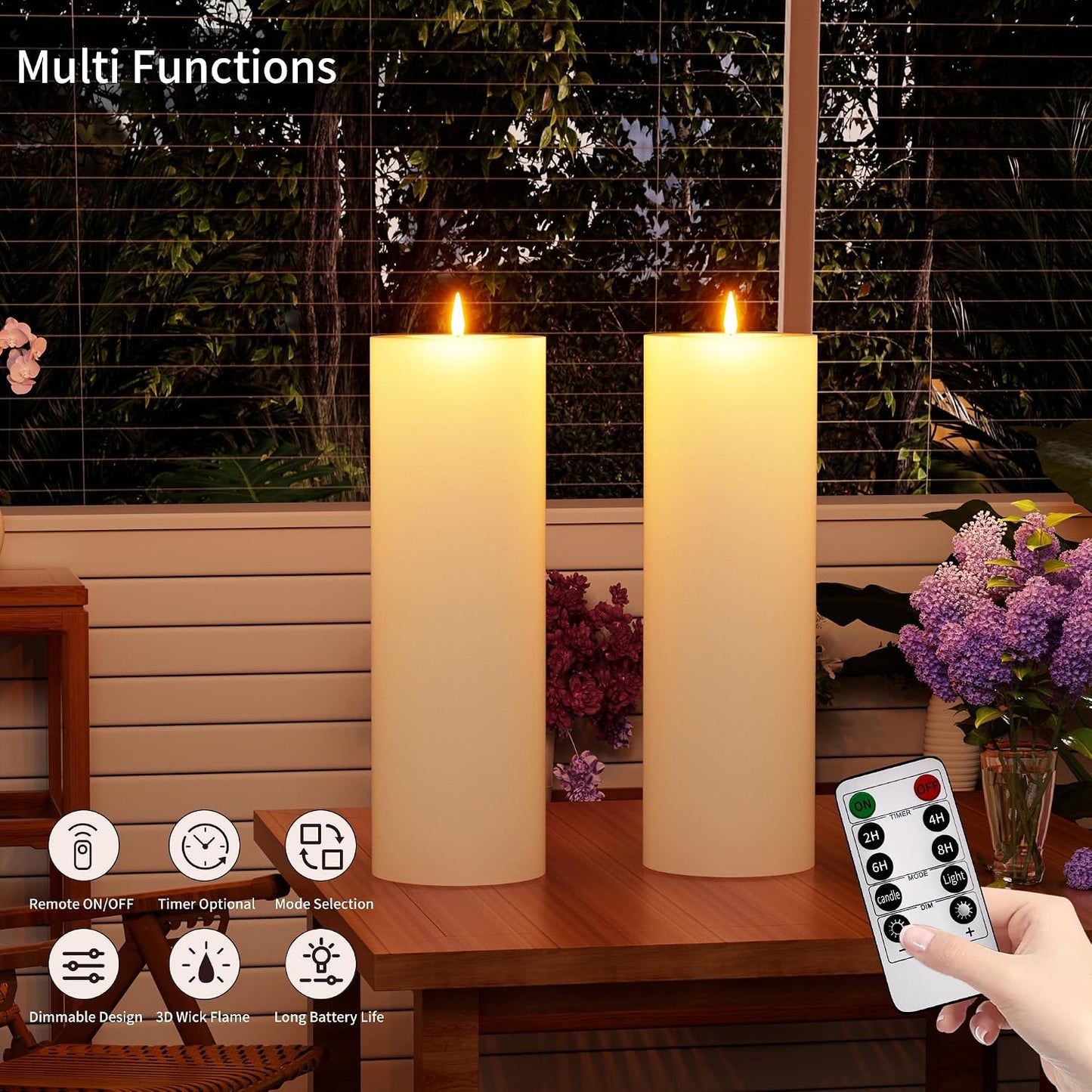 12" x 4" Large Outdoor Candle with Remote Timer Waterproof Ivory 2 Pack | Battery Operated Flameless Pillar Candle