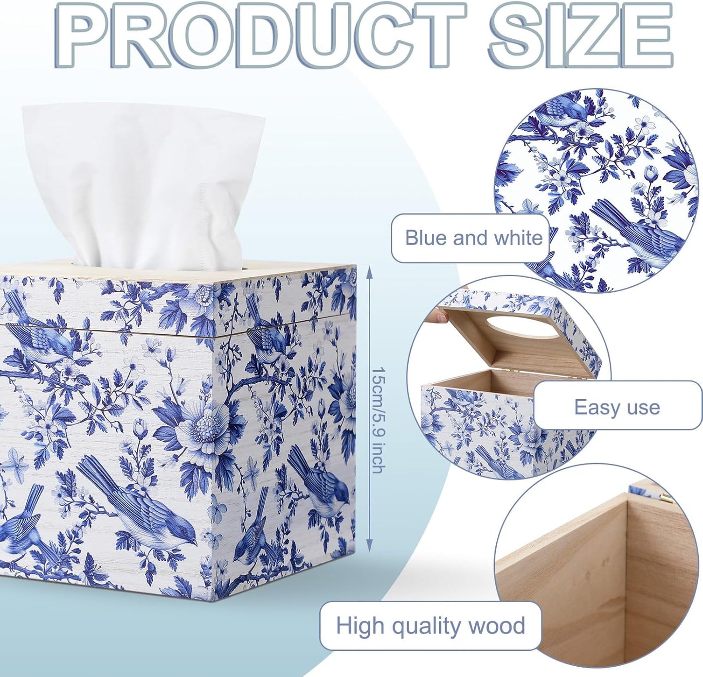 Tissue Box Cover Wooden Floral Bird Vintage Square / Blue and White / Traditional Design / 6 x 6 x 6