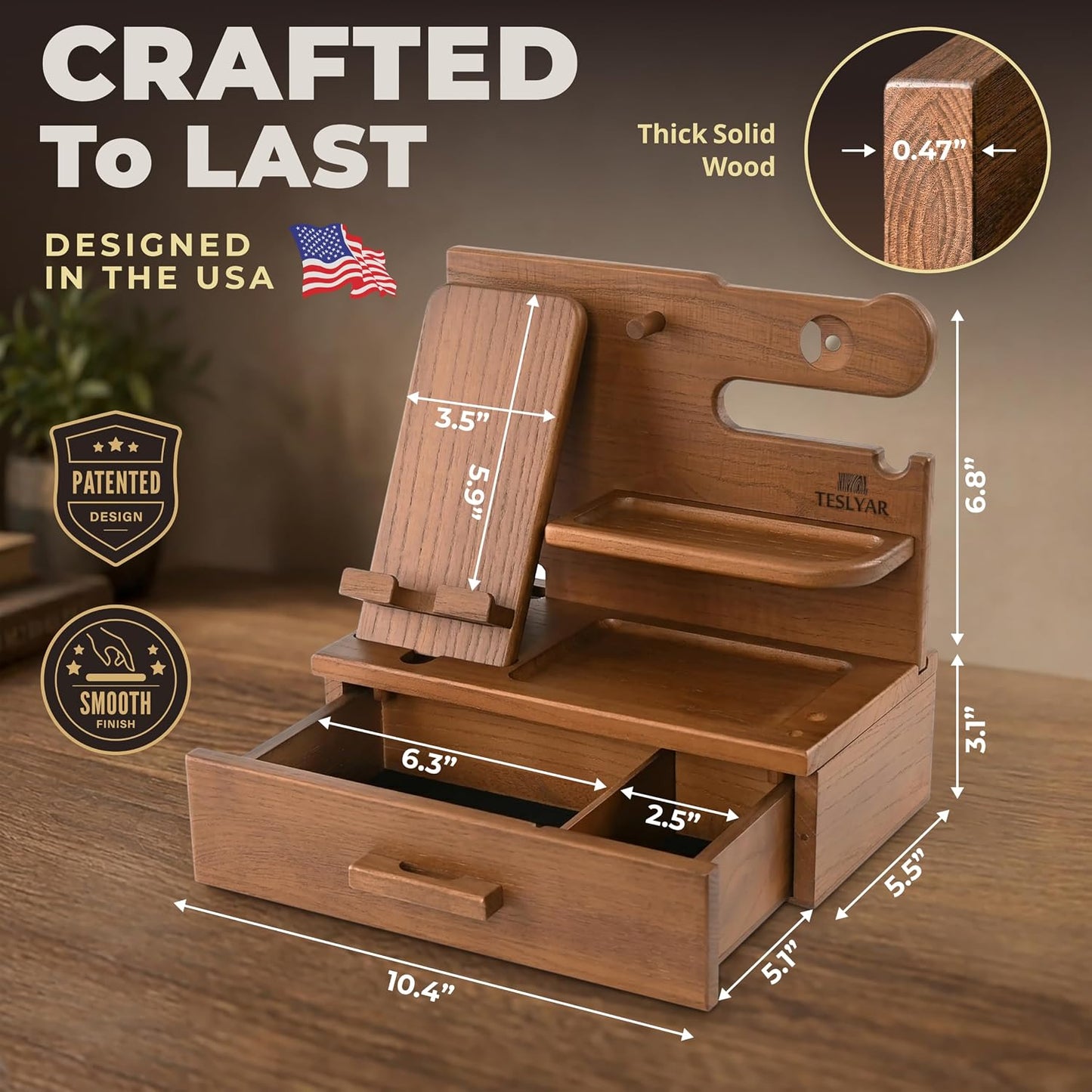 TESLYAR Wood Phone Docking Station with Drawer - Nightstand Organizer - Desk Organizer for Husband - Birthday Gifts for