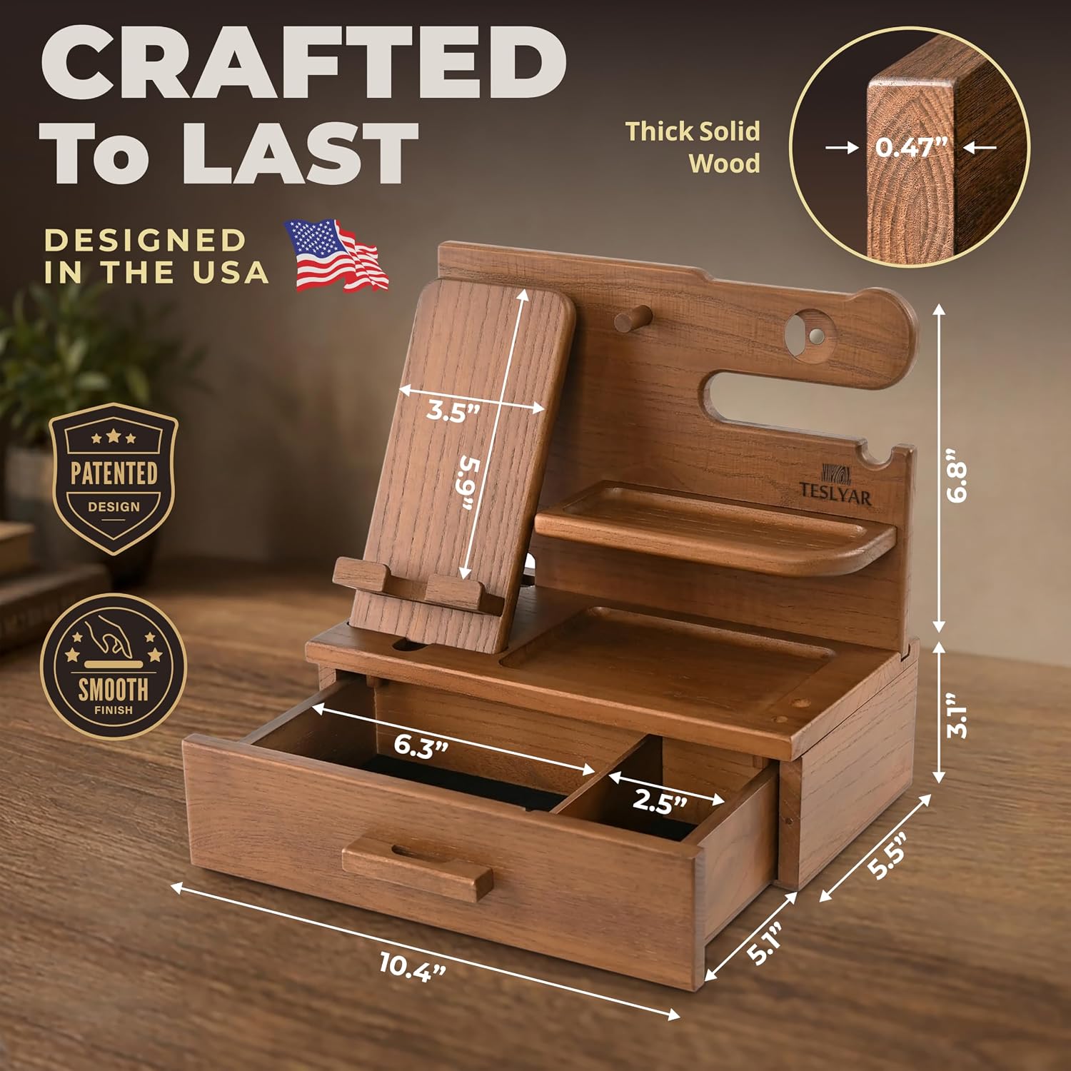 TESLYAR Wood Phone Docking Station with Drawer - Nightstand Organizer - Desk Organizer for Husband - Birthday Gifts for