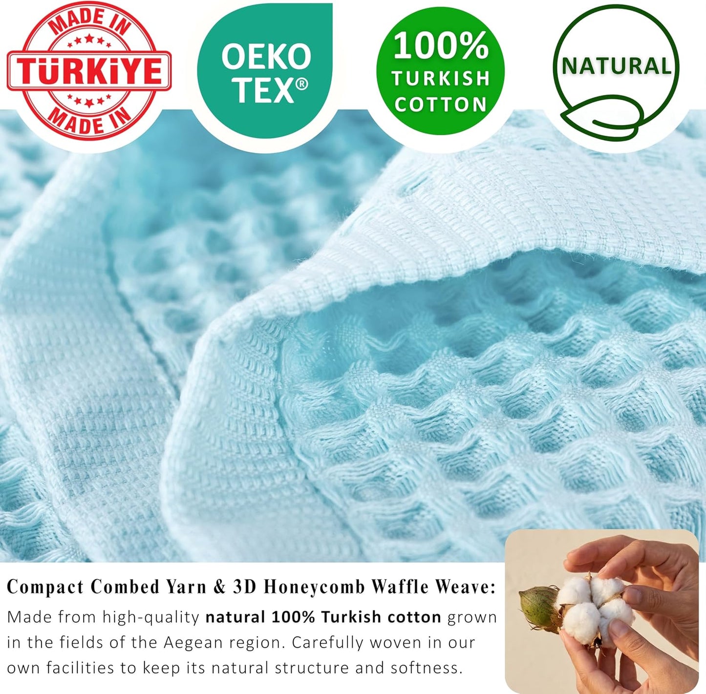 PÜSKÜL Natural 100% Turkish Cotton Waffle Bath Towels Set of 2, Extra-Large | Turquoise, Oversize 32x63" Bath sheet