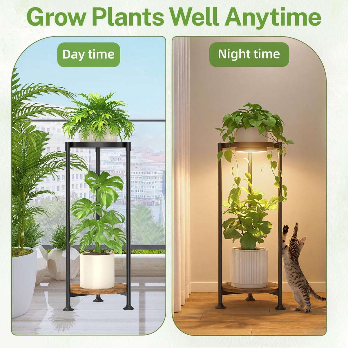 iDavosic.ly 2 Tier Corner Metal Plant Stand Indoor with Grow Light, Black | Vertical Outdoor Flower Display Holder for