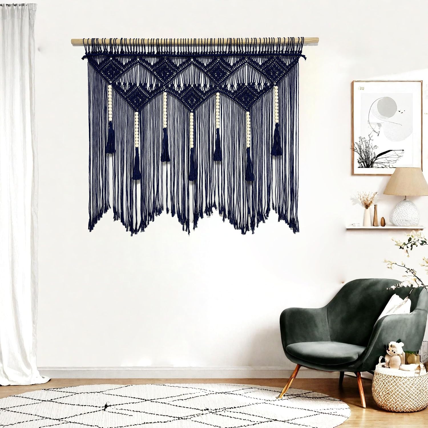 Large Macrame Wall Hanging Boho Woven Tapestry Bohemian Macrame Wall Decor Handmade Tassel / Navy