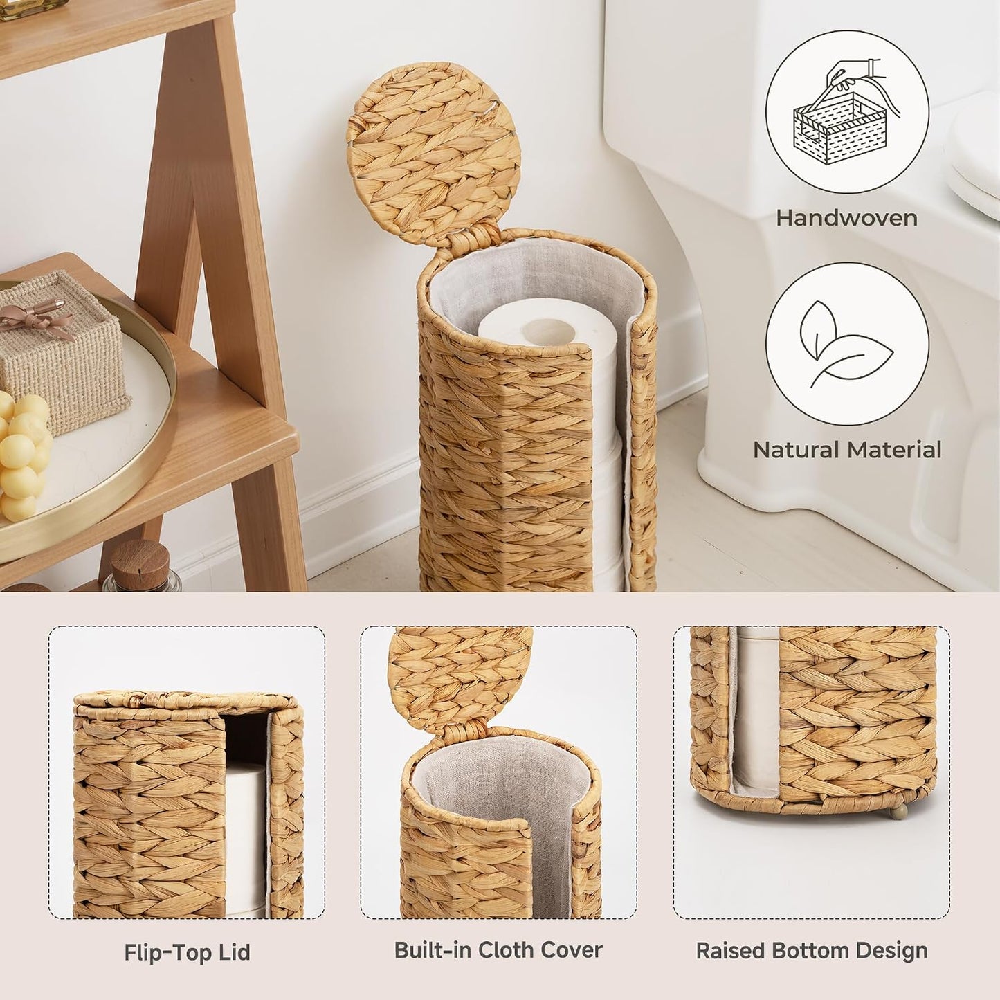 StorageWorks Water Hyacinth Free Standing Toilet Paper Holder Stand for Bathroom, 3 Rolls of Toilet Tissue Storage with