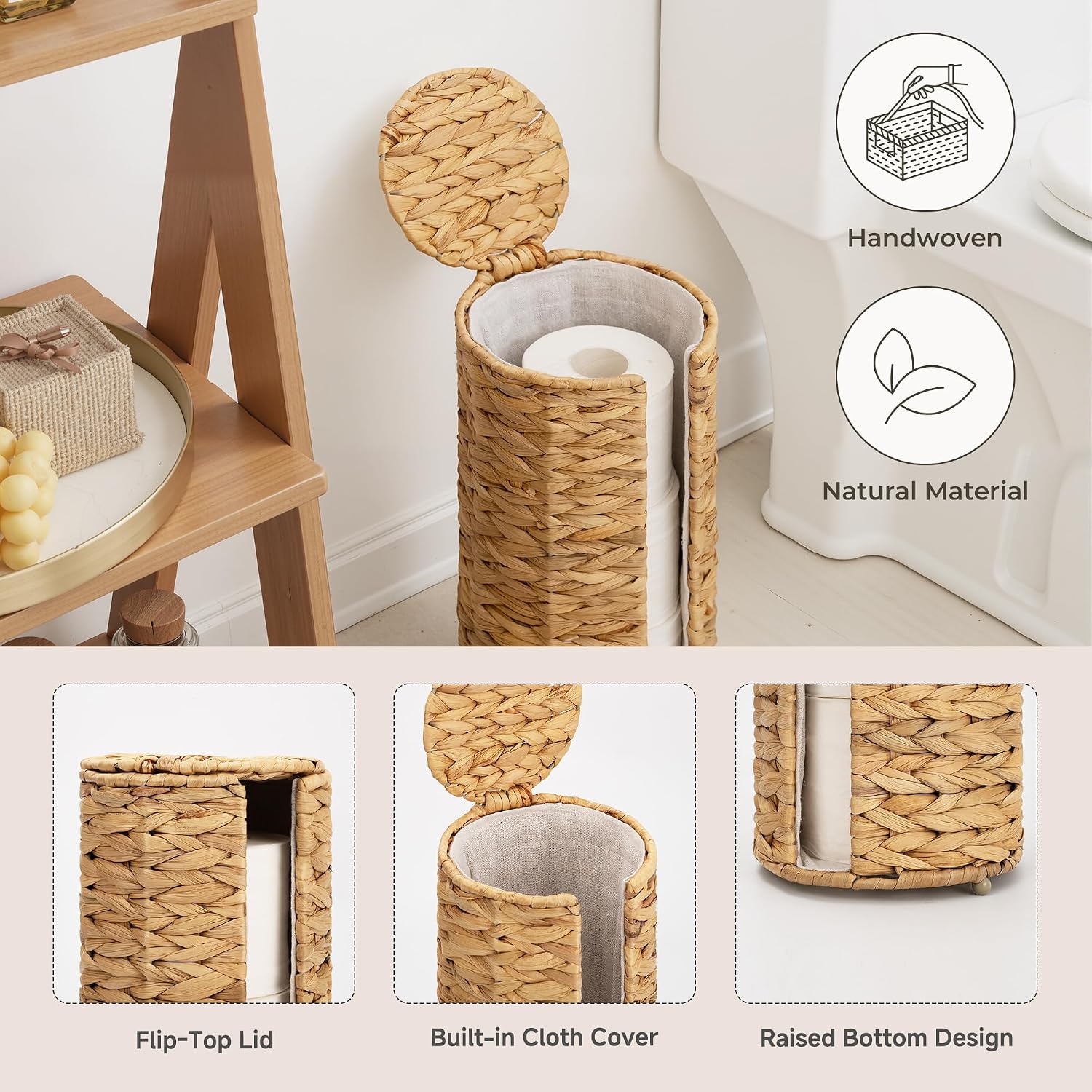 StorageWorks Water Hyacinth Free Standing Toilet Paper Holder Stand for Bathroom, 3 Rolls of Toilet Tissue Storage with