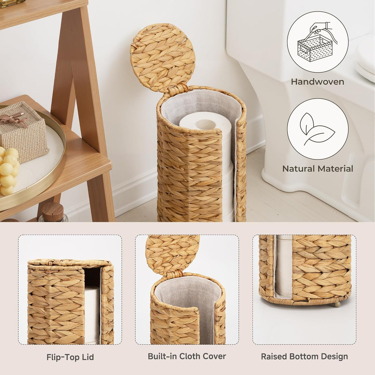 StorageWorks Water Hyacinth Free Standing Toilet Paper Holder Stand for Bathroom, 3 Rolls of Toilet Tissue Storage with
