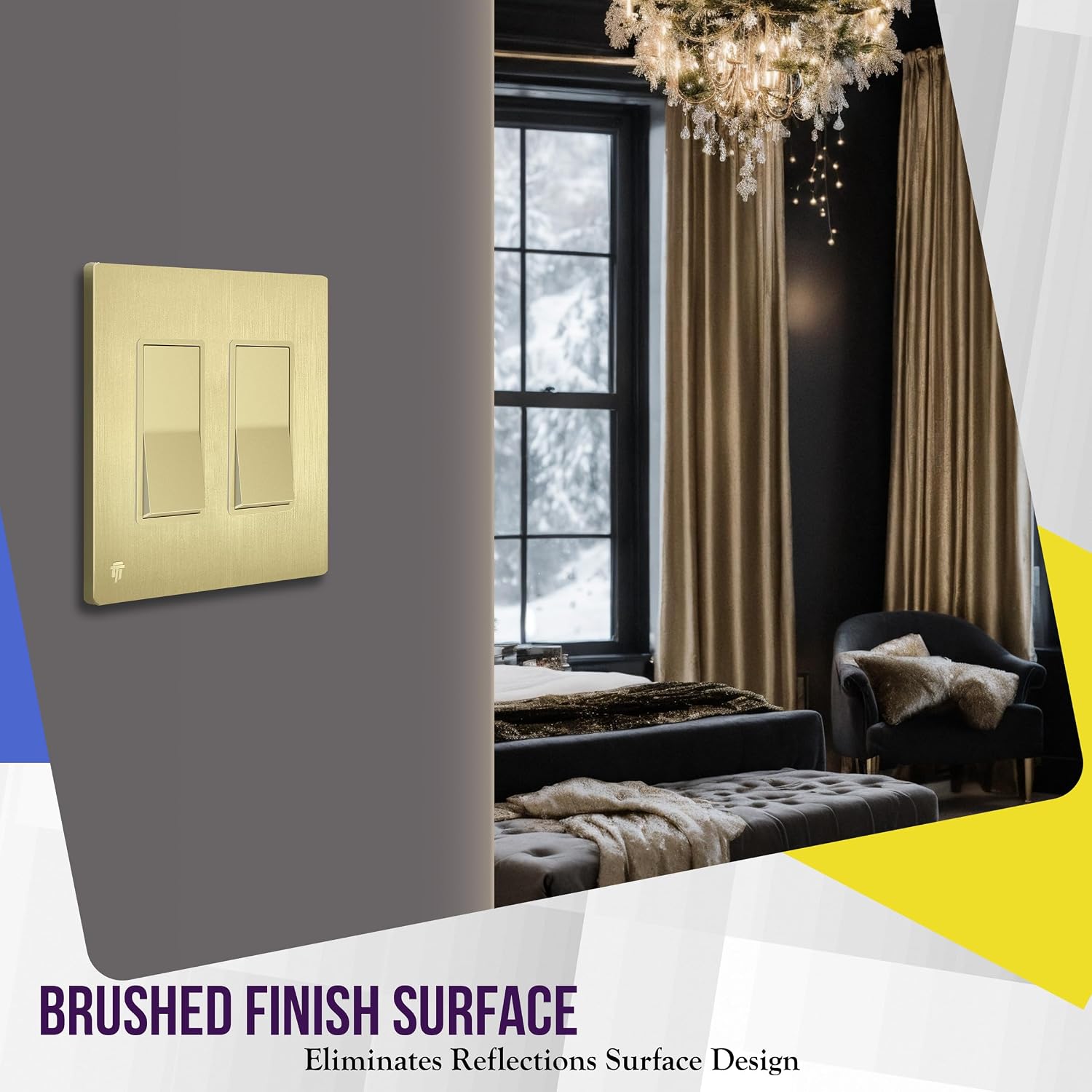 ENERLITES 2-Gang Brushed Gold Screwless Decorator Wall Plate Outlet Cover | 10 Pack, Size 4.68" x 4.73", Fits light