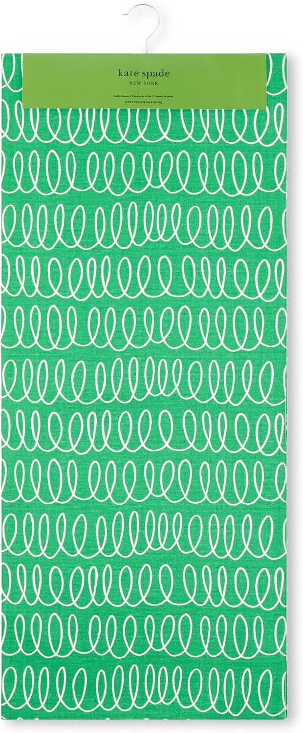 kate spade new york in The Loop & Joy Dot Reversible Table Runner, 100% Cotton, Machine Washable, Green/Cream, 15"x108"