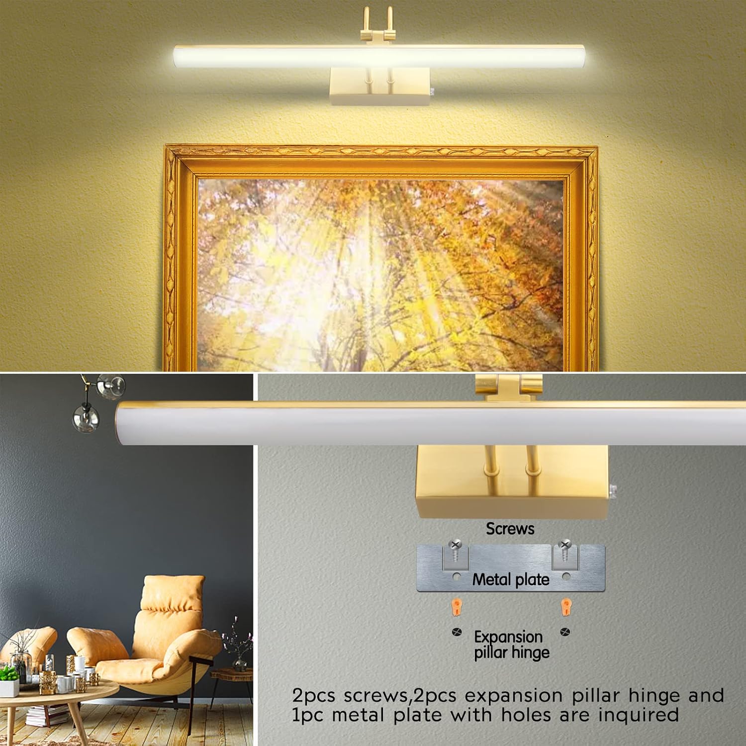 Picture Light,5000mAh Wireless Wall Light,13" Art Light,Plated Gold | Rechargeable Photo Lights,Remote Timer and Dimmer